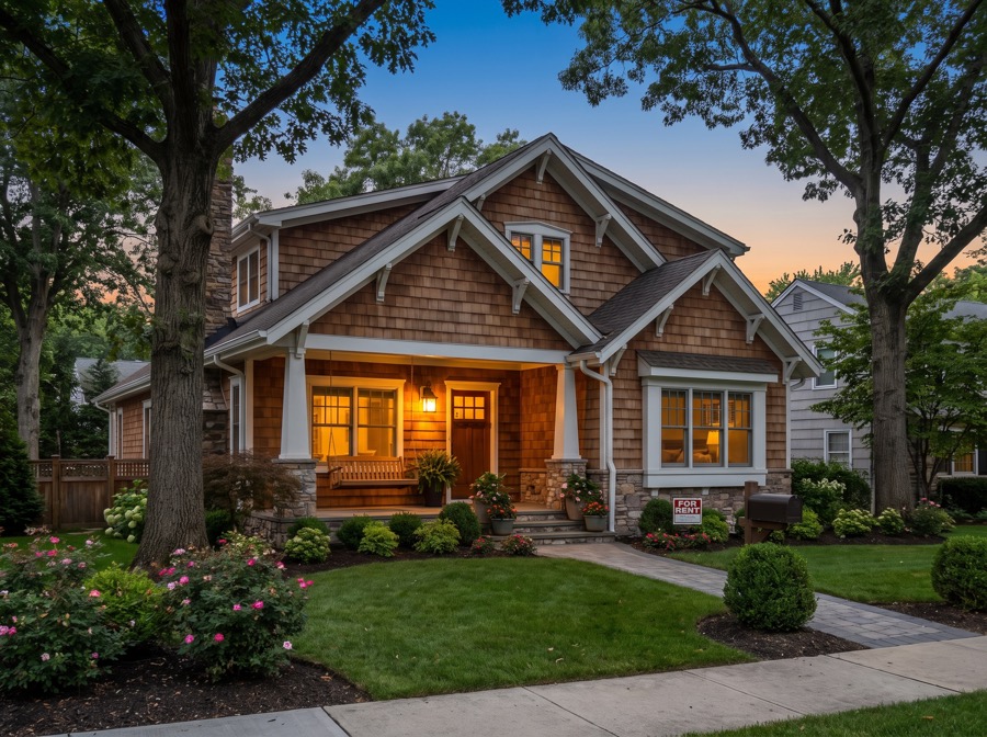 Craftsman-style rental home exterior at dusk